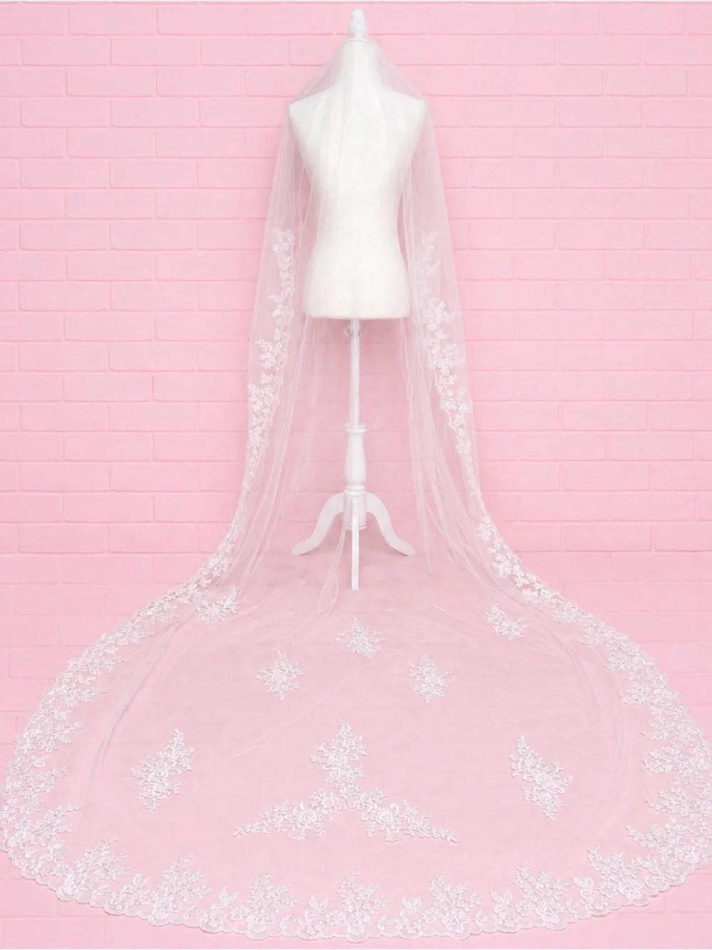 Cathedral Length Wedding Veil With Floral Lace Appliqués